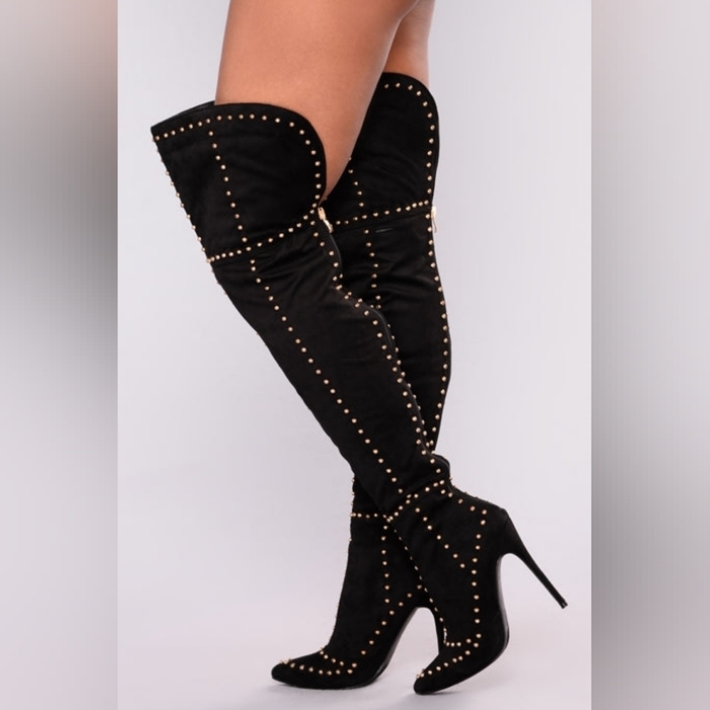 AZALEA WANG "MIDNIGHT ECLIPSE" Studded Over-the-Knee Black Velvet Boots